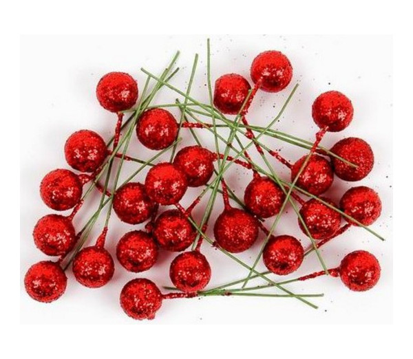 Dekorační ovoce Cesmína 12mm červené glittrové 945893