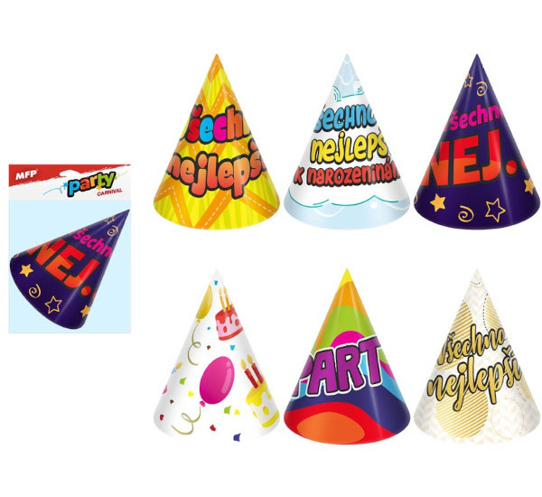 Papírové barevné párty kloboučky 6ks Mix 6 942256