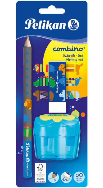 Tužka Combino trojboká silná v sadě s ořezávátkem a pryží modra