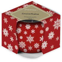 Svíčka sklo 70x62mm vonná Magic Snowing červeno-bílá