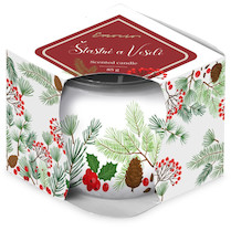 Svíčka sklo 70x62mm vonná Šťastné a veselé