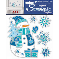 Vánoční okenní dekorace sněhulák s vločkami modrý prostorový 18x16 cm