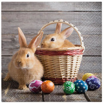 Velikonoční ubrousky s obrázky králíčků, kraslic a košíku 