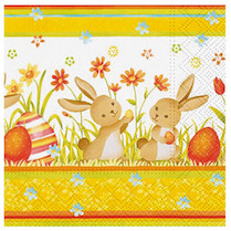 Velikonoční ubrousky s obrázky zajíčky mezi květinami