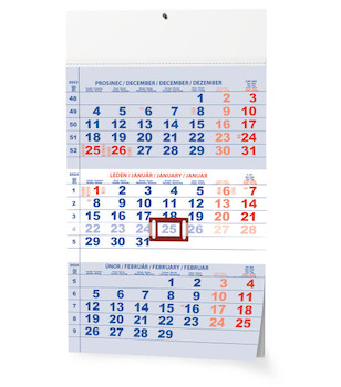 Nástěnný kalendář Tříměsíční A3 (s mezinárodními svátky) modrý