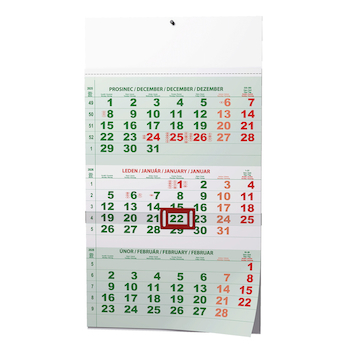 Nástěnný kalendář Tříměsíční A3 (s mezinárodními svátky) zelený