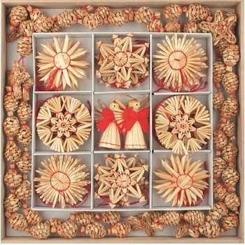 Ozdoby slaměné v dřevěné krabičce 51ks 