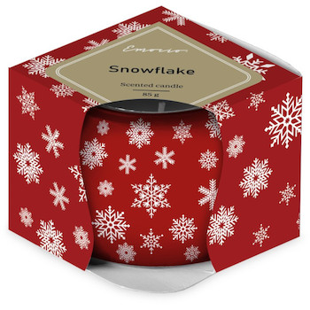 Svíčka sklo 70x62mm vonná Magic Snowing červeno-bílá