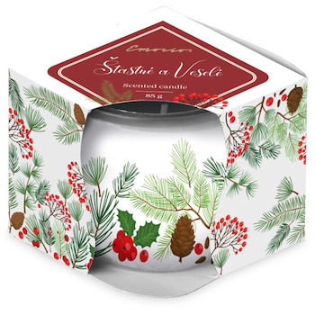 Svíčka sklo 70x62mm vonná Šťastné a veselé