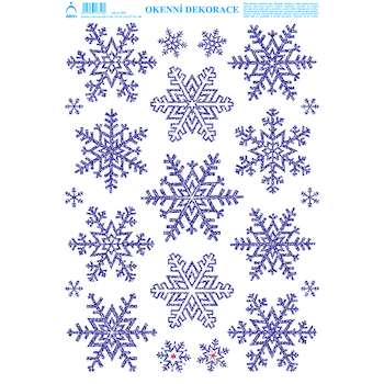 Vánoční okenní dekorace Vločky modré s glitry 25x35cm
