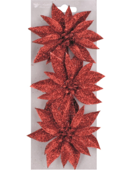 Vánoční ozdoby Růže červená glitr 8cm 3ks