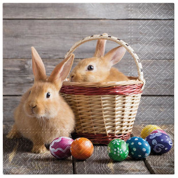 Velikonoční ubrousky s obrázky králíčků, kraslic a košíku 