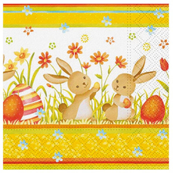 Velikonoční ubrousky s obrázky zajíčky mezi květinami